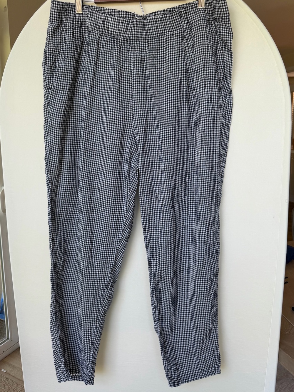 Eileen Fisher Puckered Gingham 100% Linen Elastic Waist Tapered Pants size XL